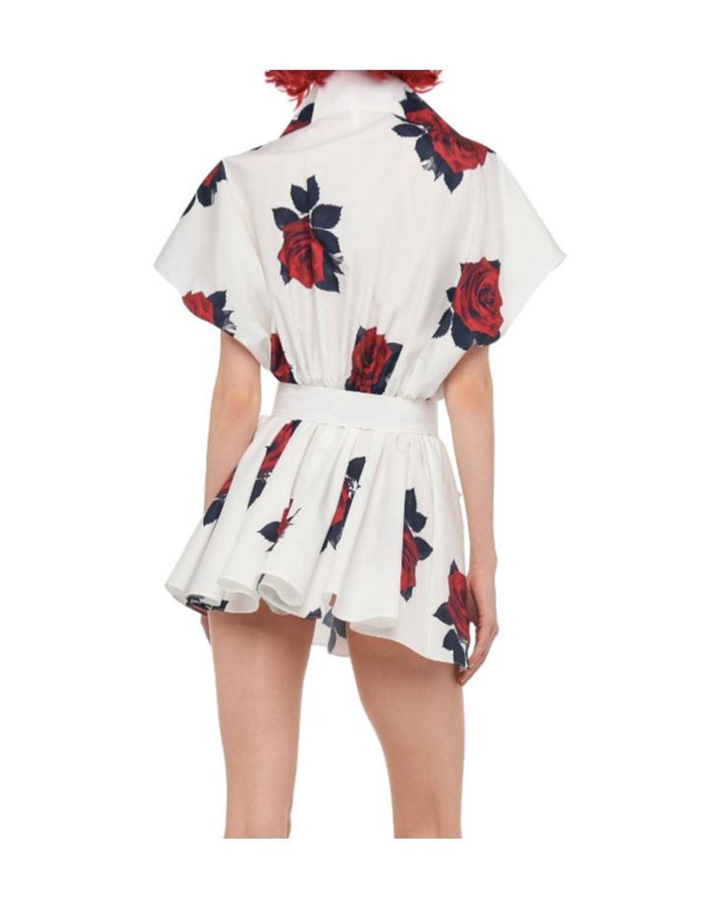 Norma Kamali Red Pleated Floral-Print Satin Mini Wrap Dress
