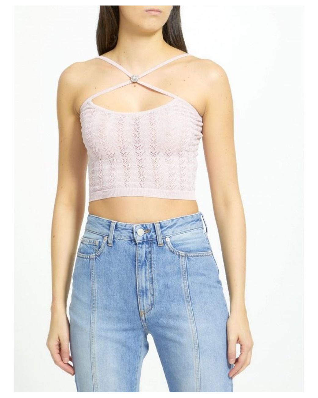 Alessandra Rich Pink Halterneck Sleeveless Knitted Cropped Top