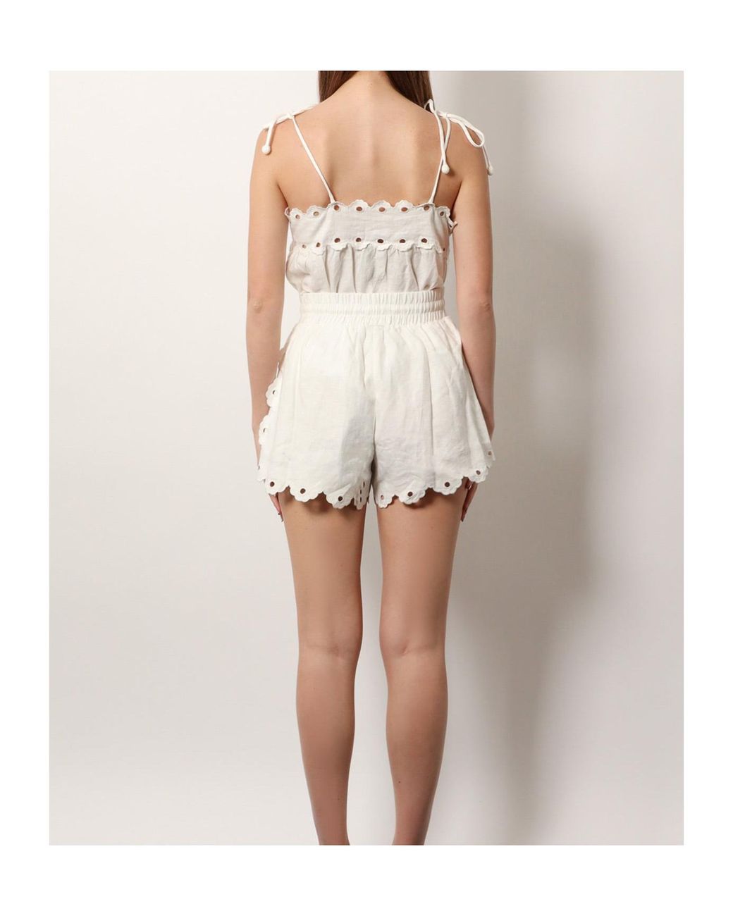 Farm Rio White Eyelet-Embroidered Scalloped-Hem Shorts