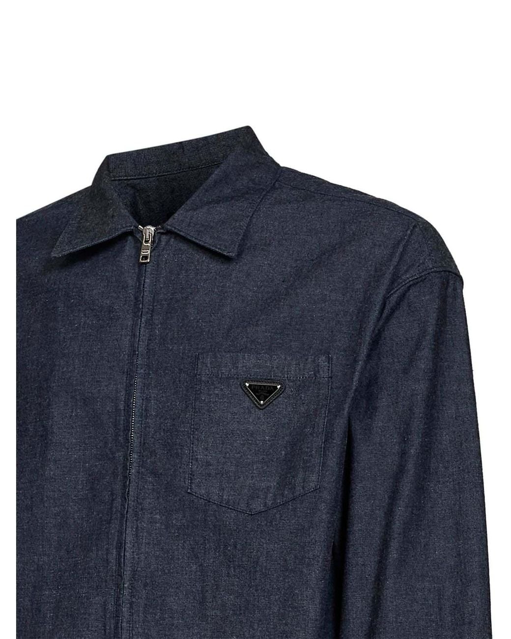 Prada Blue Logo Plaque Zip-Front Shirt for men