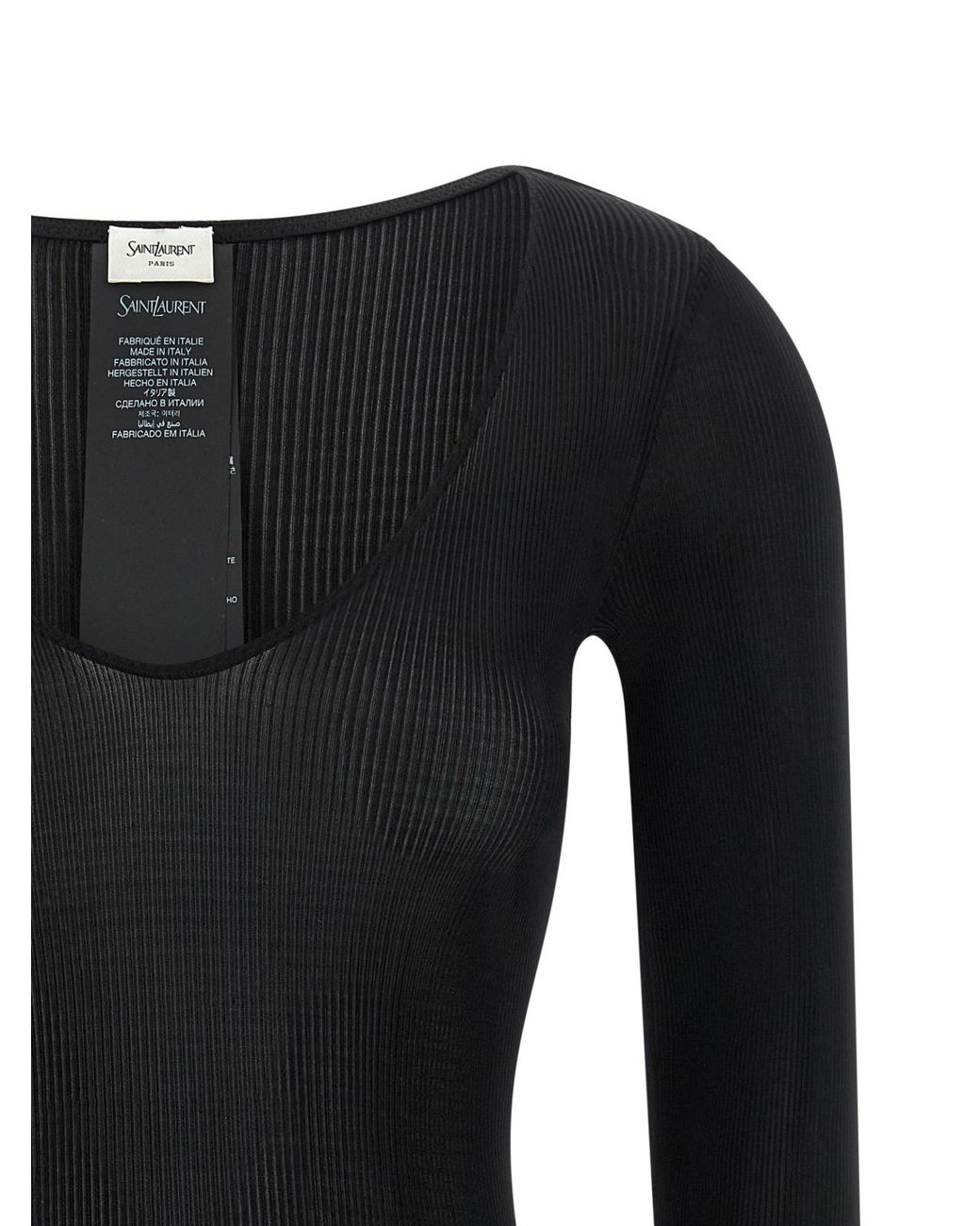 Saint Laurent Black Cassandre V-Neck Ribbed Top