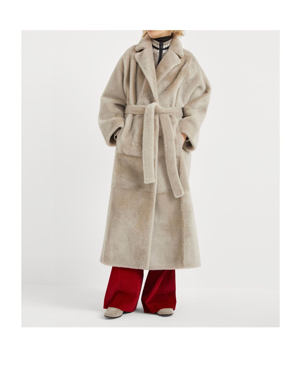 Brunello Cucinelli Natural Shiny Detailed Reversible Shearling Coat