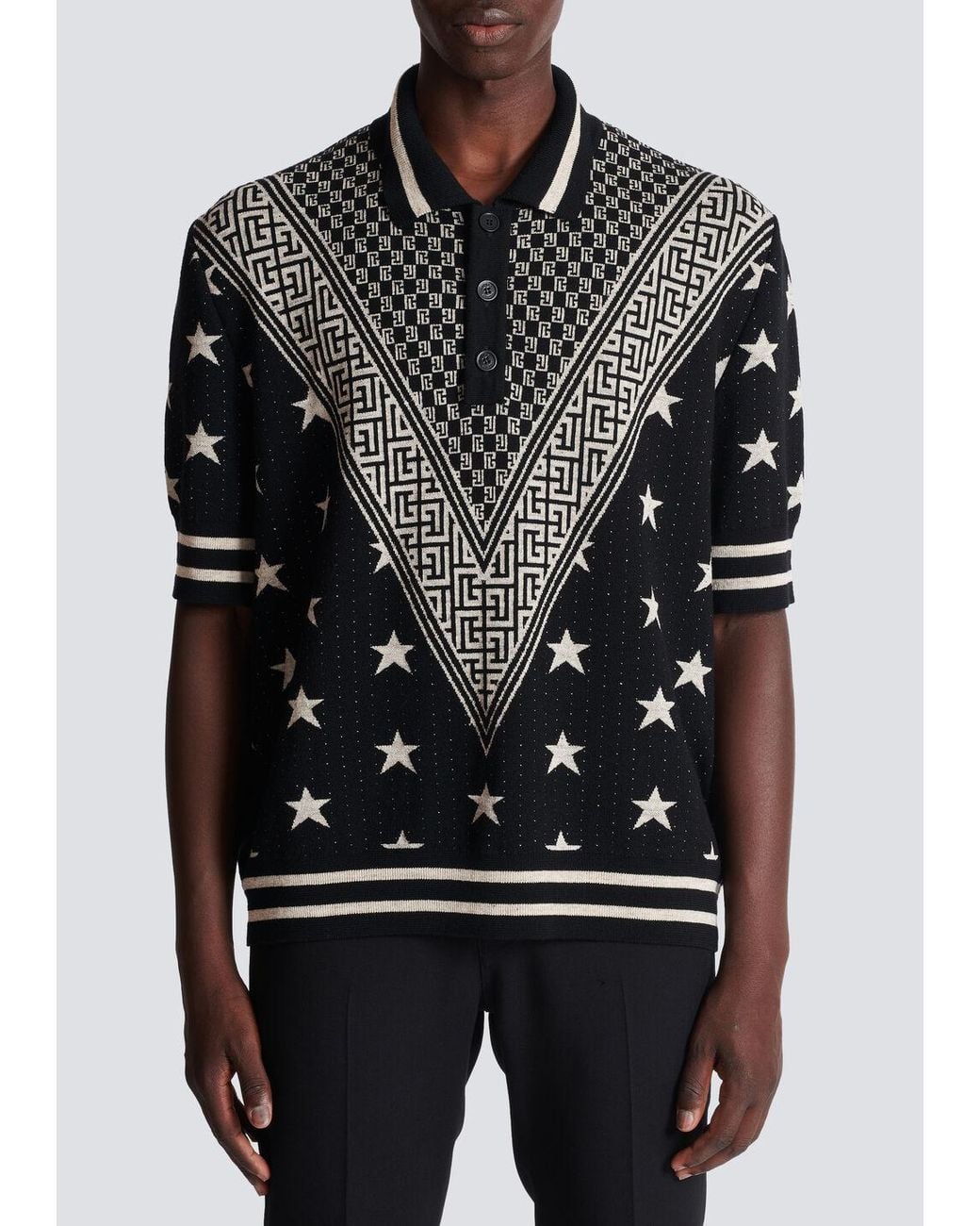 Balmain Black Monogram Stars Polo Shirt for men
