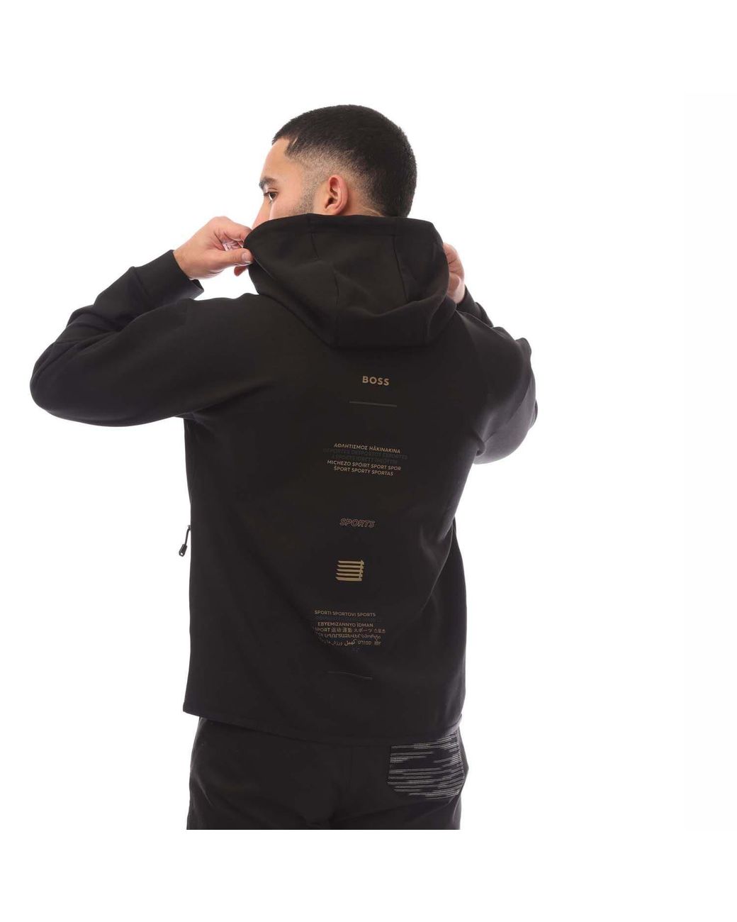 Boss Black Printed Artwork Zip-Up Hoodie for men