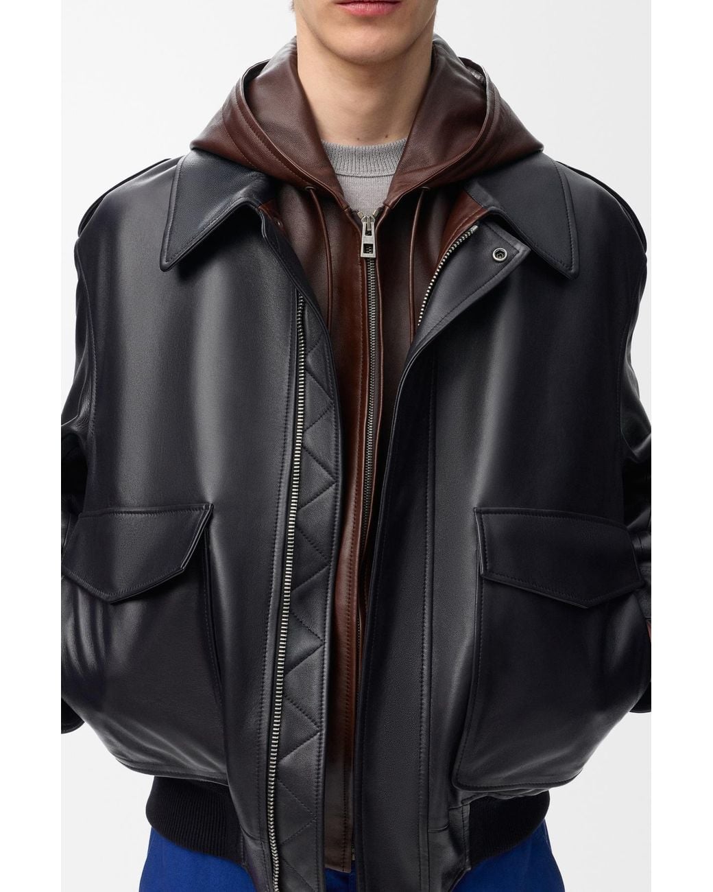 Loewe Black Hooded Leather Jacket for men