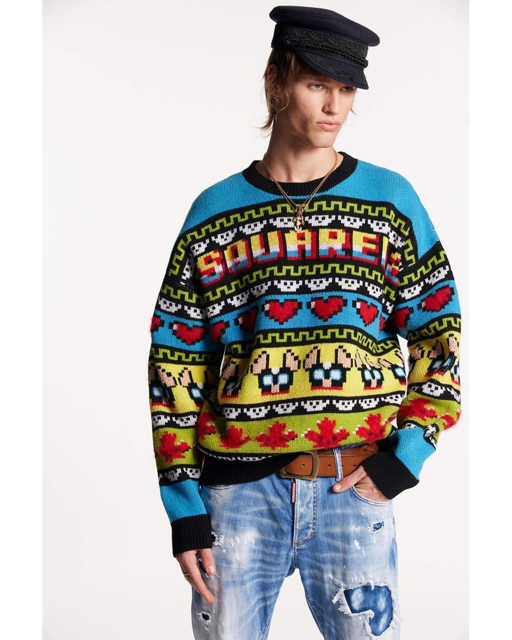 DSquared² Blue Jacquard Crewneck Knitted Jumper for men