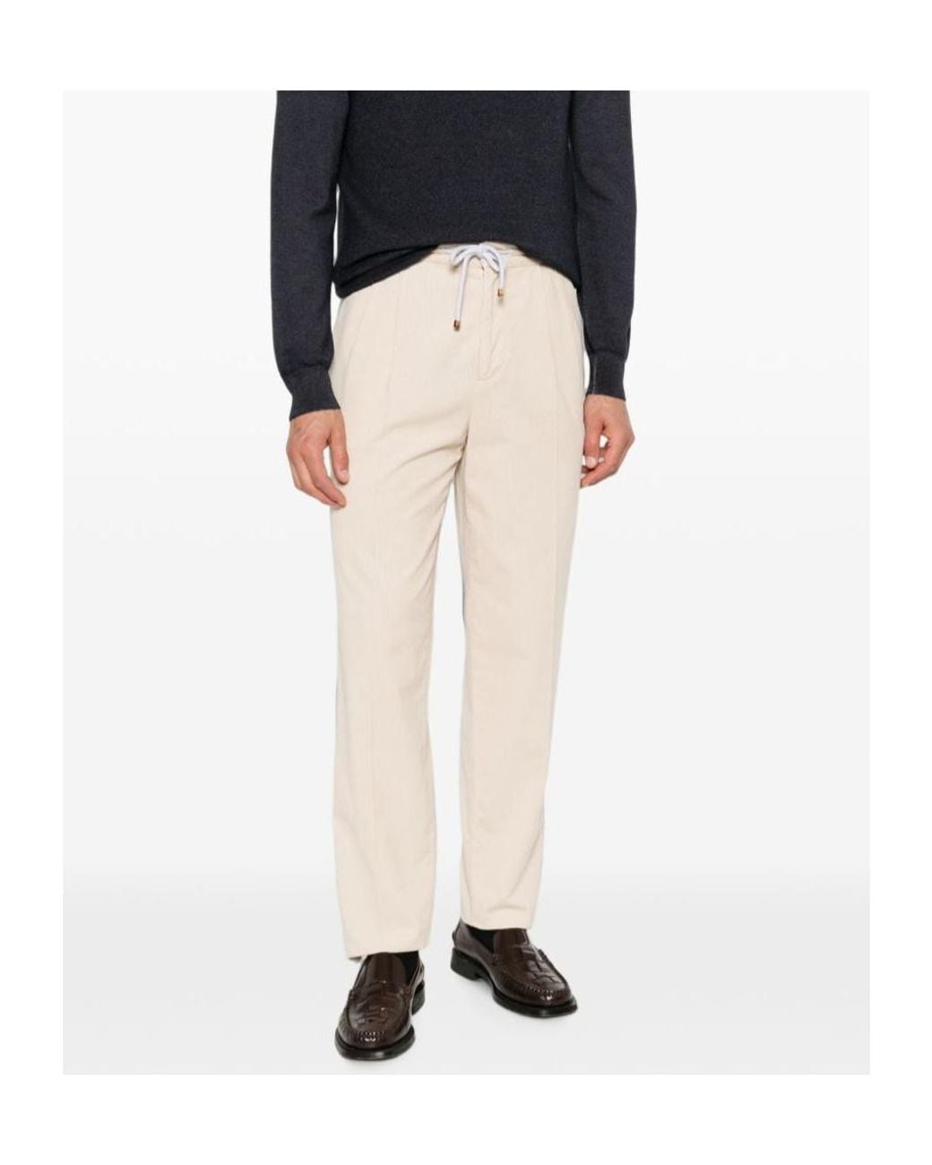Brunello Cucinelli Natural Pleated Drawstring-Waist Trousers for men