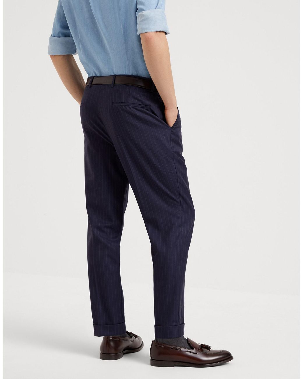 Brunello Cucinelli Blue Virgin Wool Chalk Stripe Batavia Trousers With Pleat for men