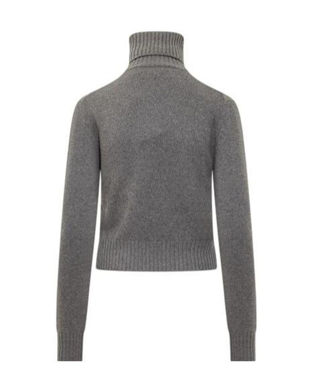AMI Gray Cropped Cashmere Turtleneck Sweater With Ribbed Details