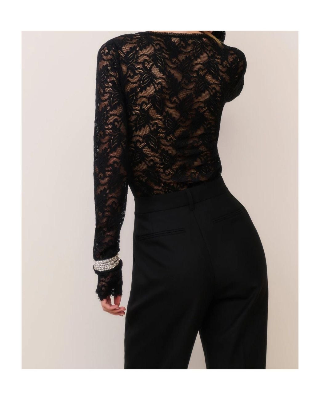 LoveShackFancy Black Jannie Lace Long-Sleeve Bodysuit