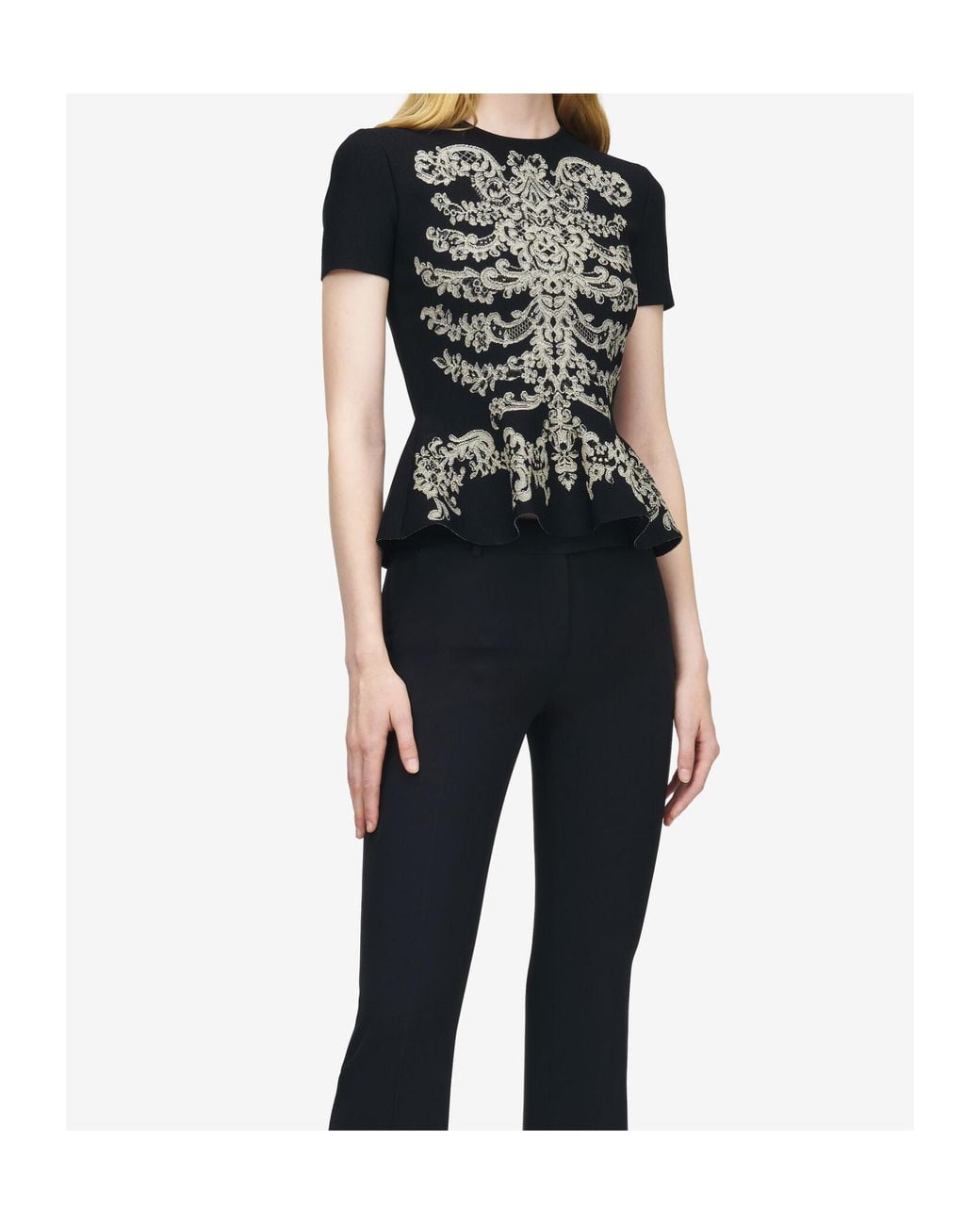 McQueen Black Lace Ribcage Jacquard Peplum Top