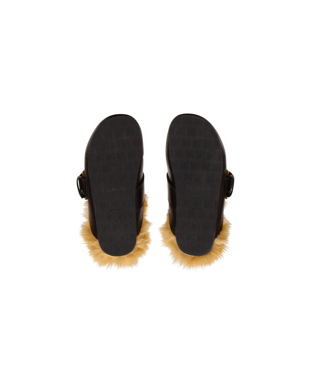 Balmain Black Flat Leather And Faux Fur Mules