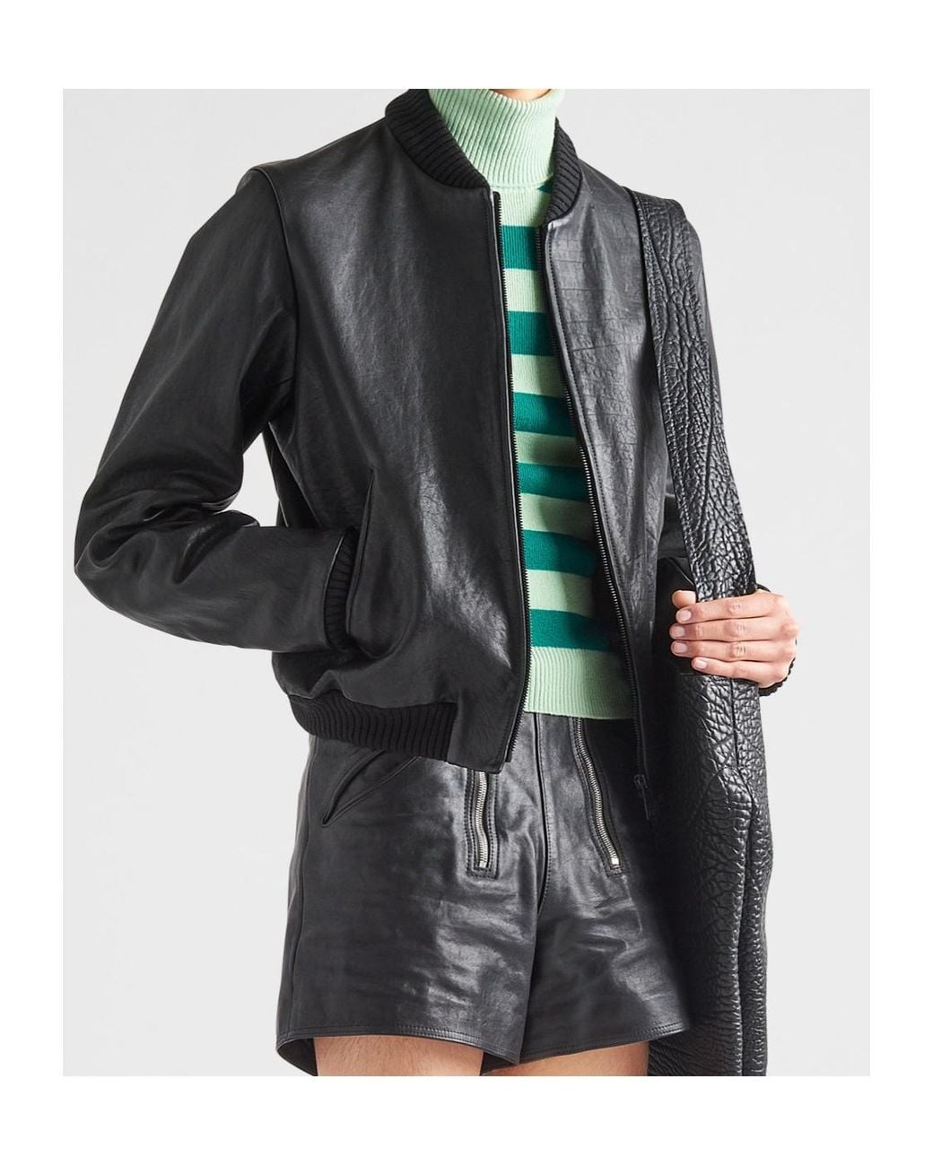 Prada Black Long-Sleeved Zipped Leather Bomber Jacket for men