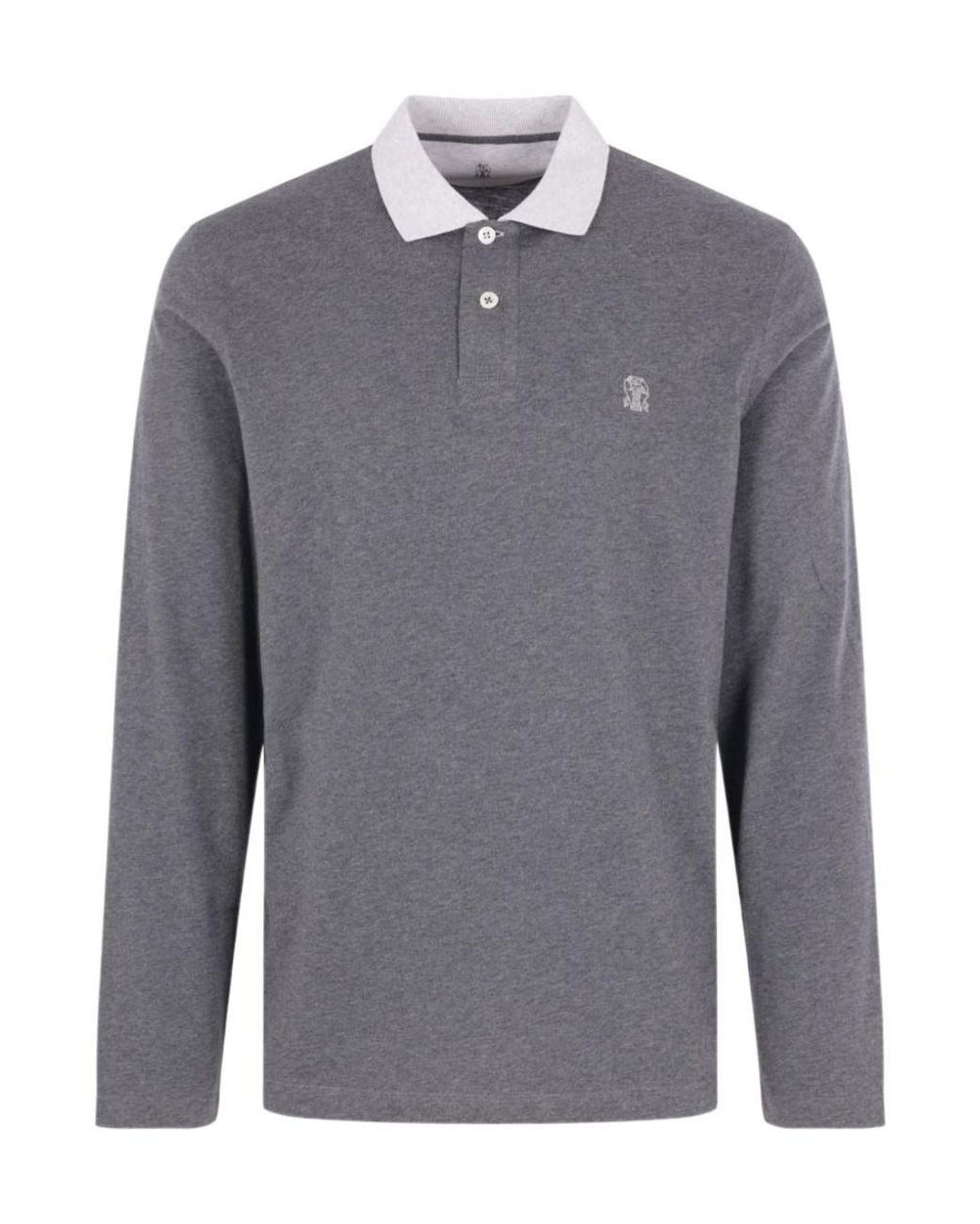 Brunello Cucinelli Gray Logo Embroidered Long-Sleeved Polo Shirt for men