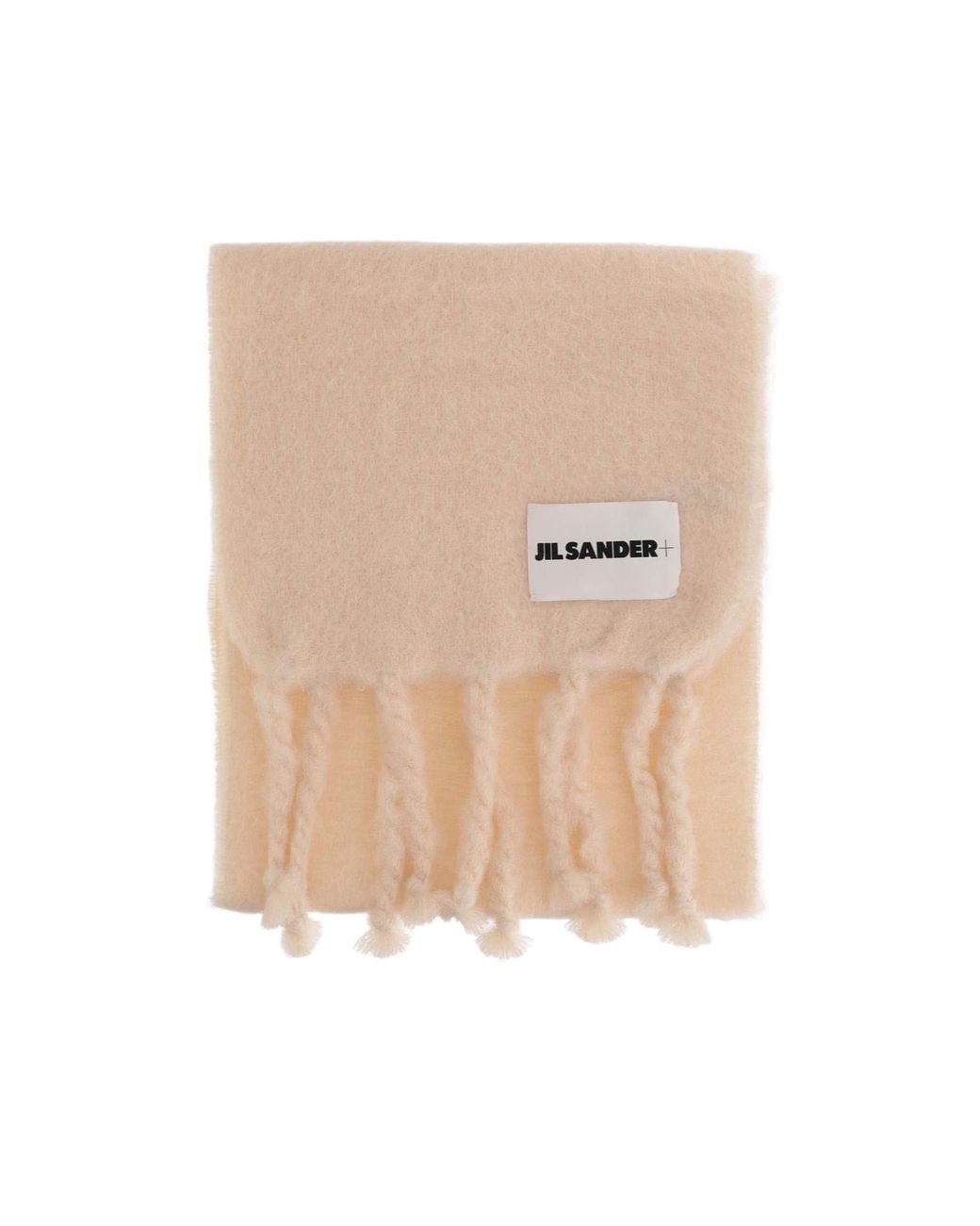 Jil Sander White Logo Patch Fringed Scarf