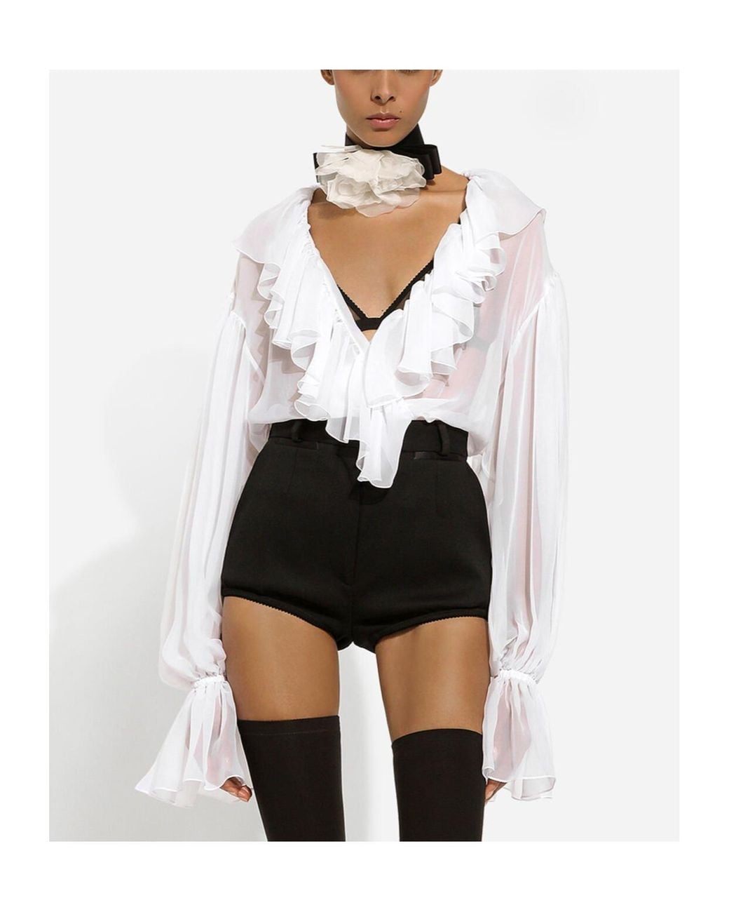 Dolce & Gabbana White Ruffle Detailed Chiffon Blouse
