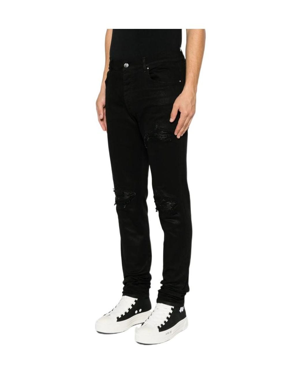 Amiri Black Distressed-Effect Coated Jeans for men