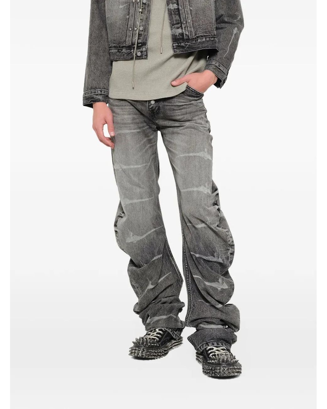 THUG CLUB Gray Laser Washed Parkour Long Jeans for men