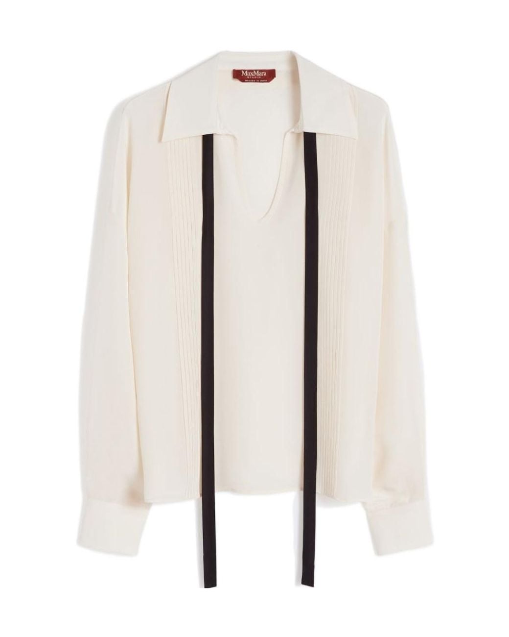 Max Mara White Studio Pintuck Tie-Neck Blouse