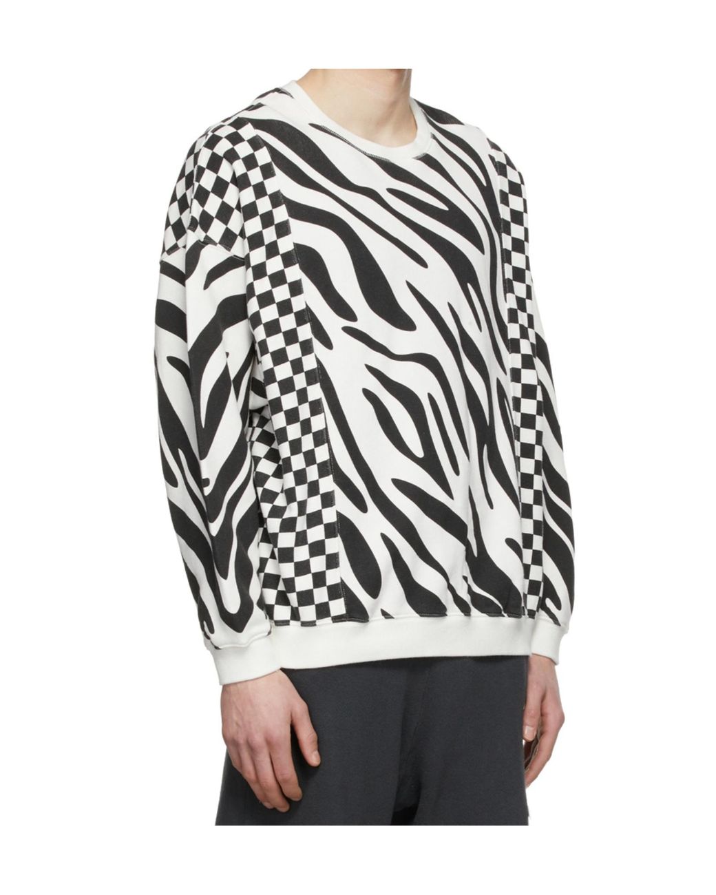 R13 White Tiger Stripe Checkerboard Pattern Sweatshirt