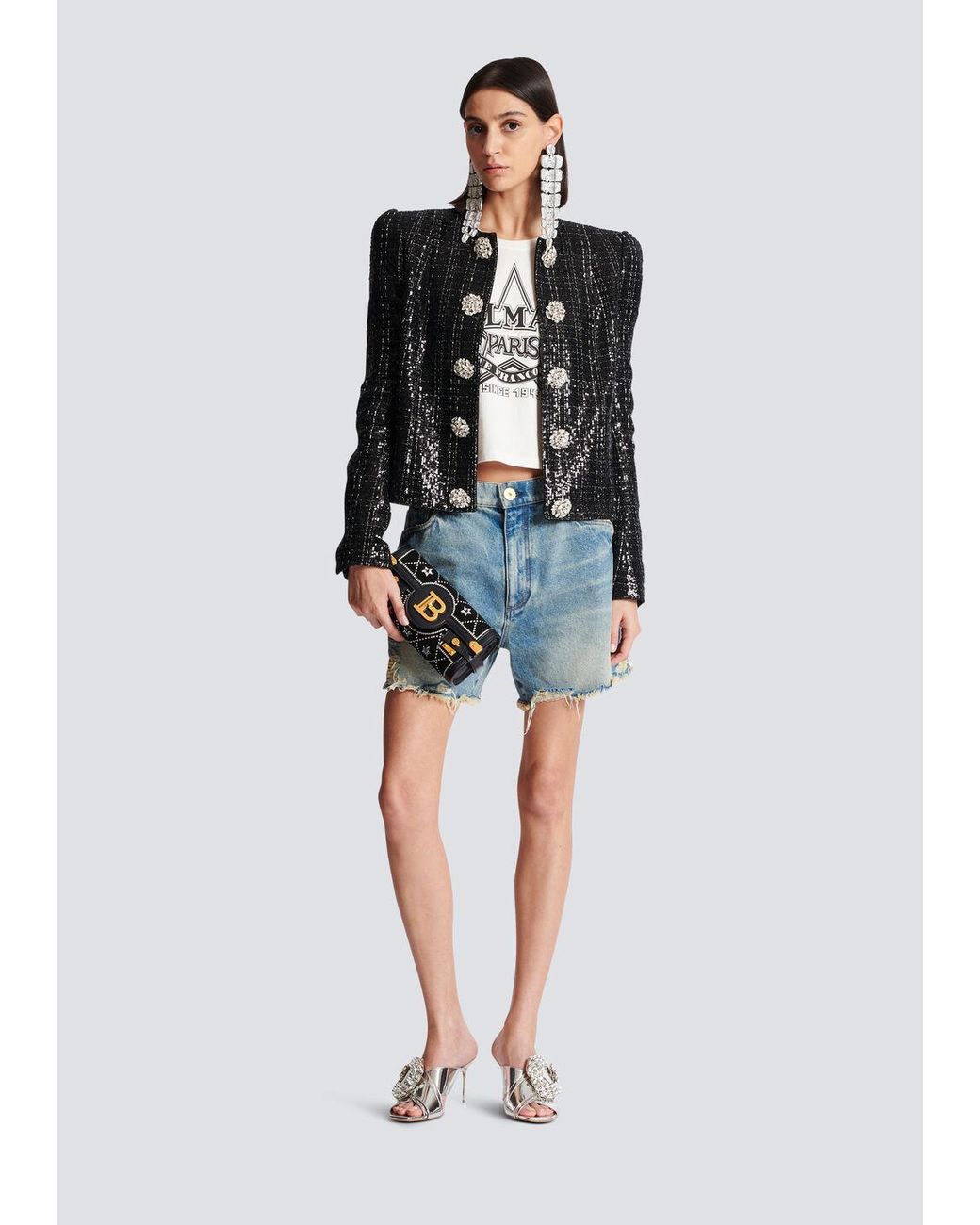 Balmain Black Tweed Sequin Embellished Jacket