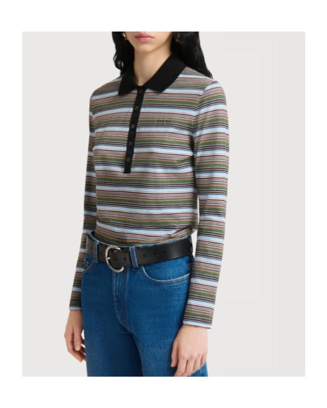 Marni Gray Striped Long Sleeve Polo Top