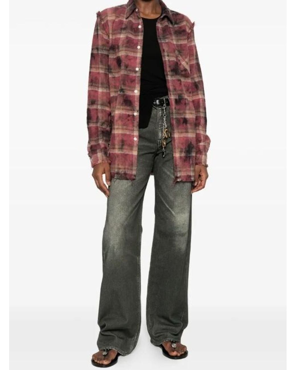 R13 Red Distressed Effect Fringed Shirt