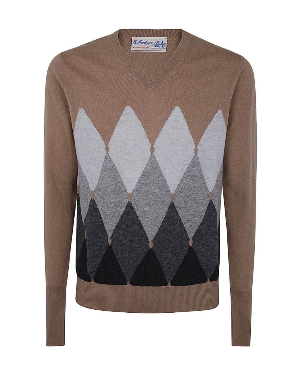 Ballantyne Gray Diamond Pattern V-Neck Jumper for men