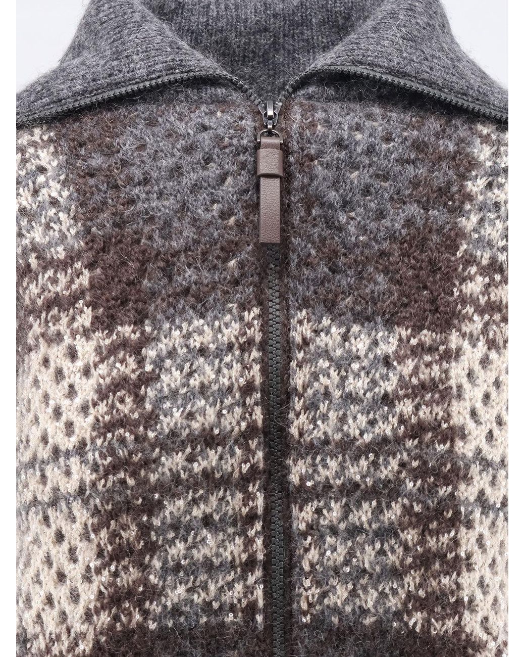 Brunello Cucinelli Gray Embroidered Zip Cardigan