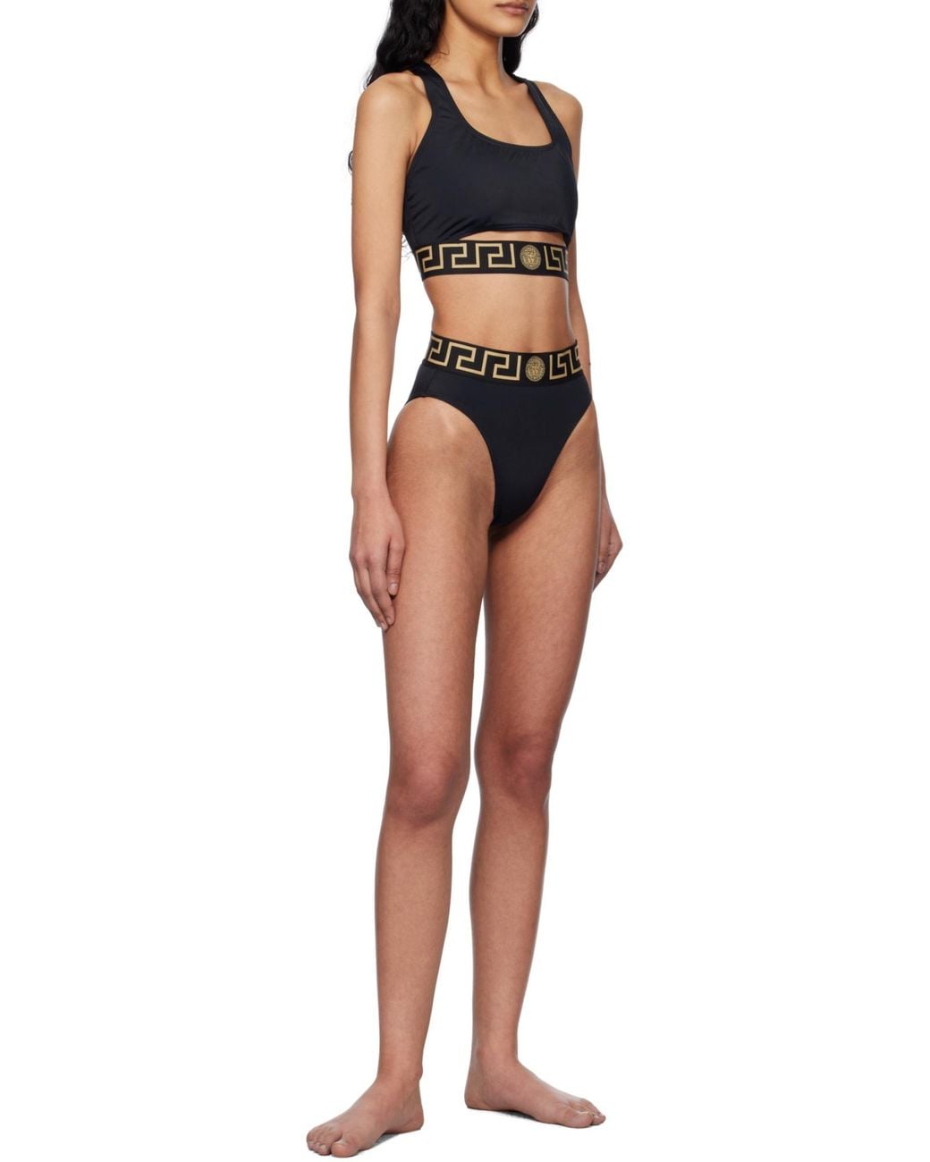 Versace Black Greca Border Cut-Out Detailed Bikini Top