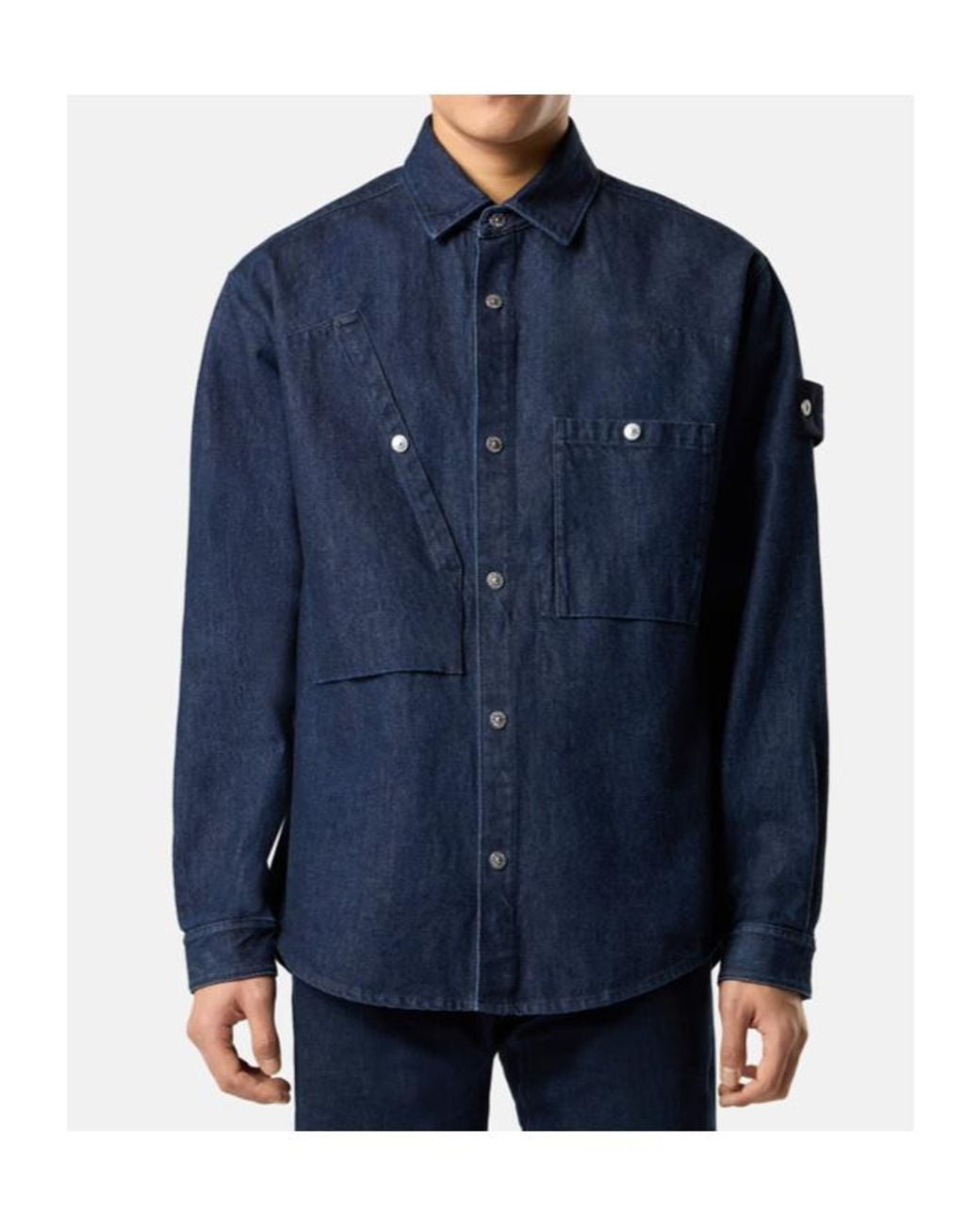 Stone Island Blue Logo Patch Long Sleeved Shirt Jacket for men