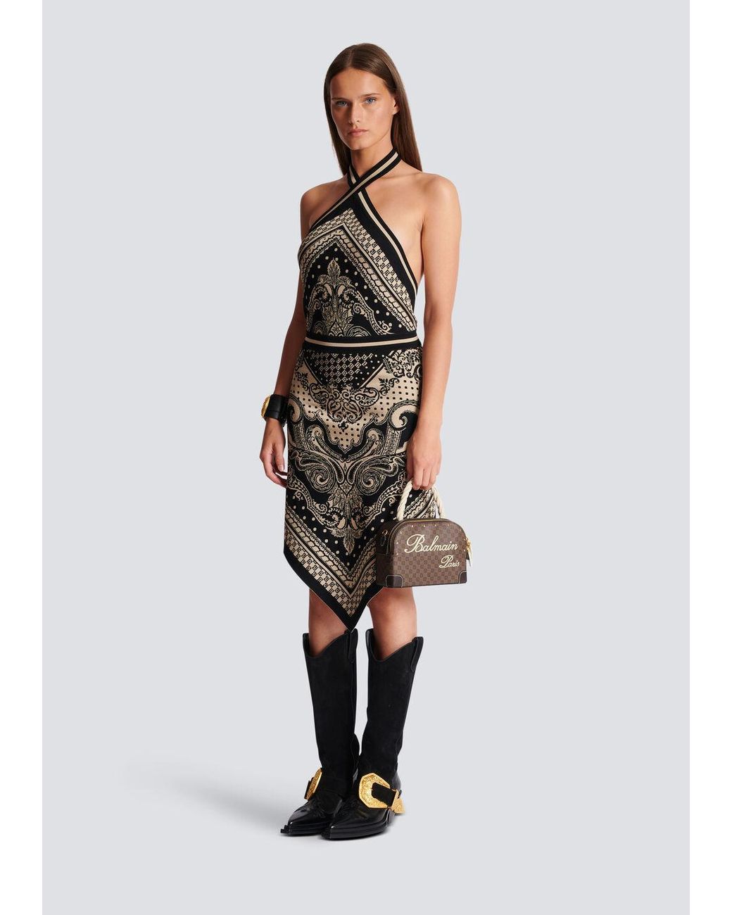 Balmain White Backless Knit Paisley Monogram Dress