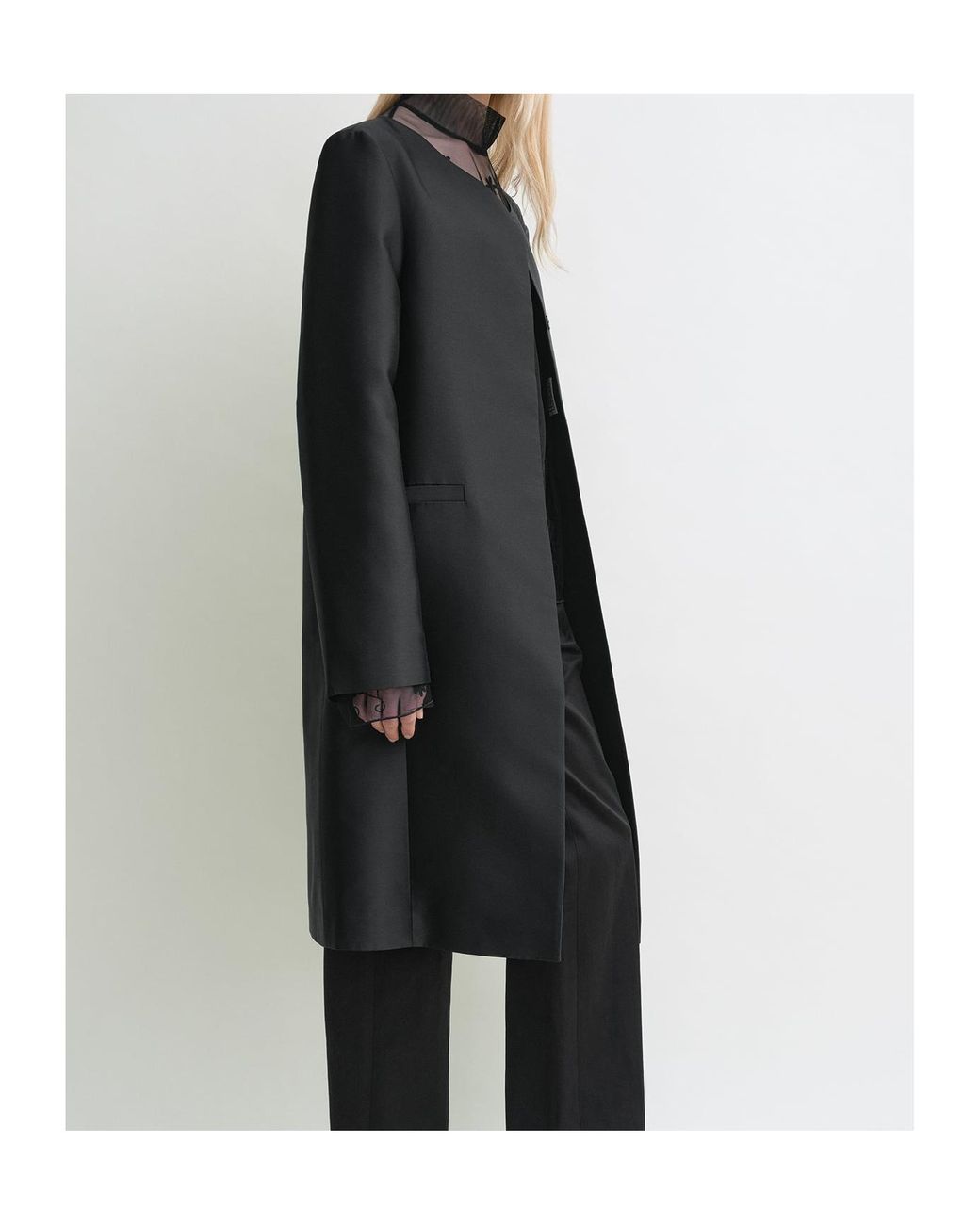 Totême Black Collarless Silk Coat