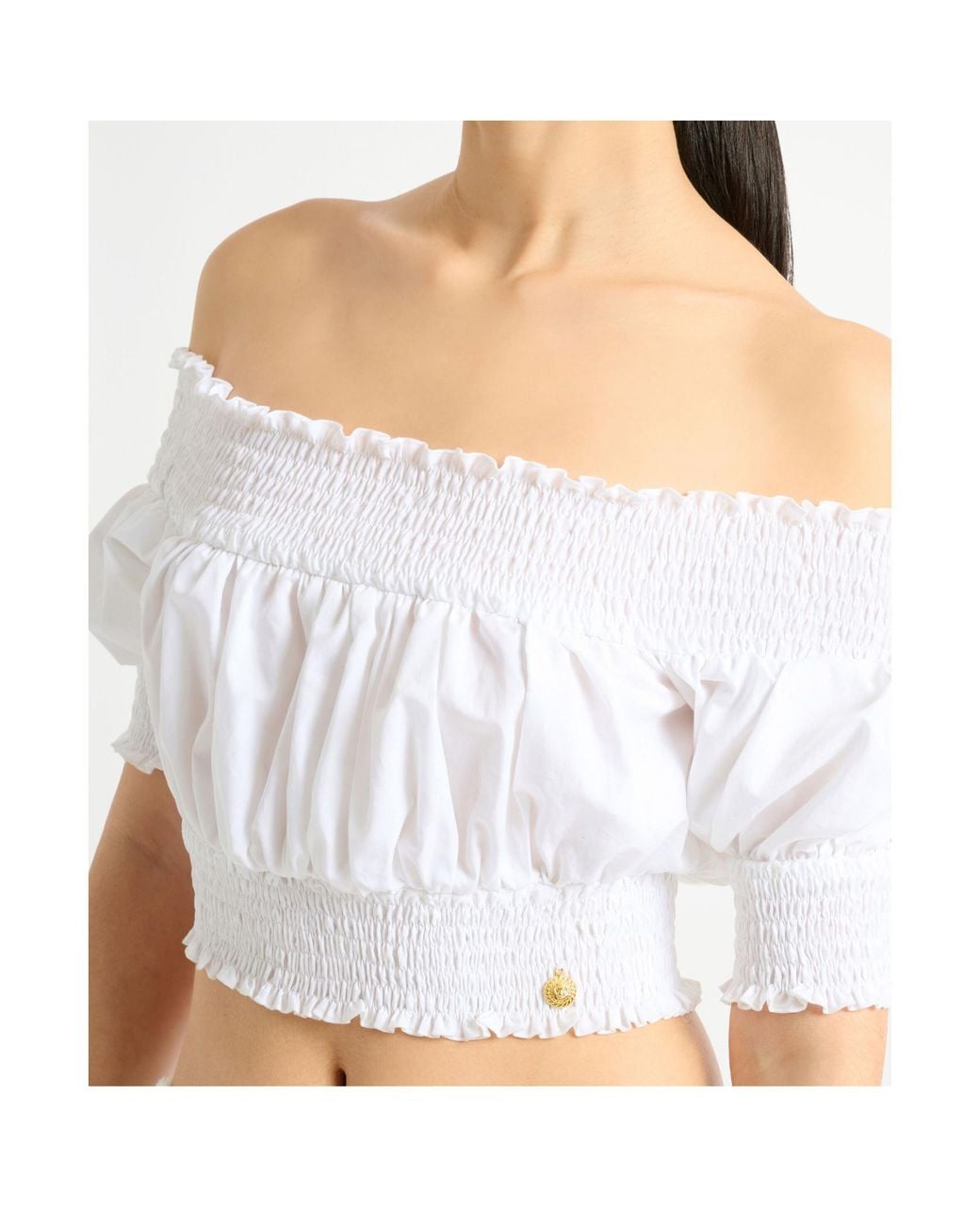 Balmain White Cotton Off-The-Shoulder Crop Top