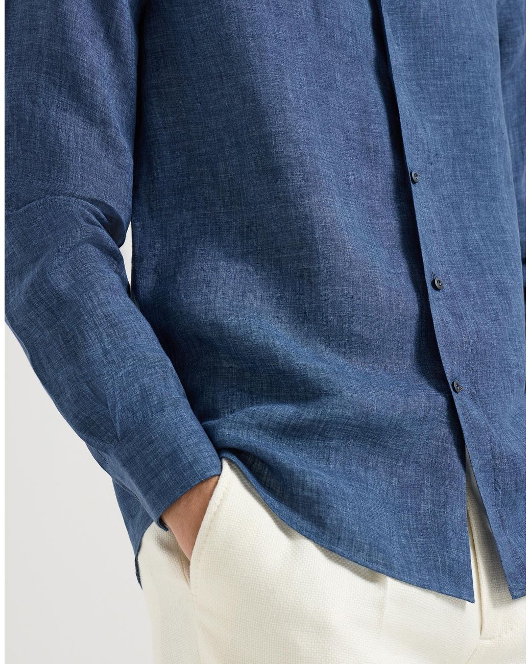 Brunello Cucinelli Blue Délavé Linen Easy Fit Shirt With Spread Collar for men