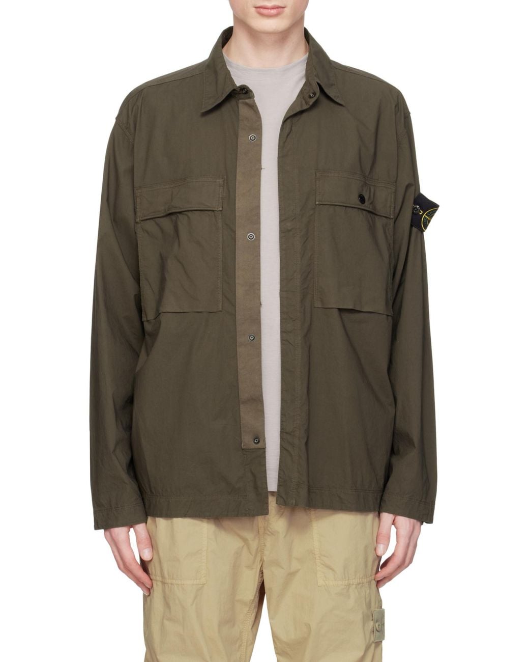 Stone Island Gray Logo Patch Long Sleeved Overshirt for men