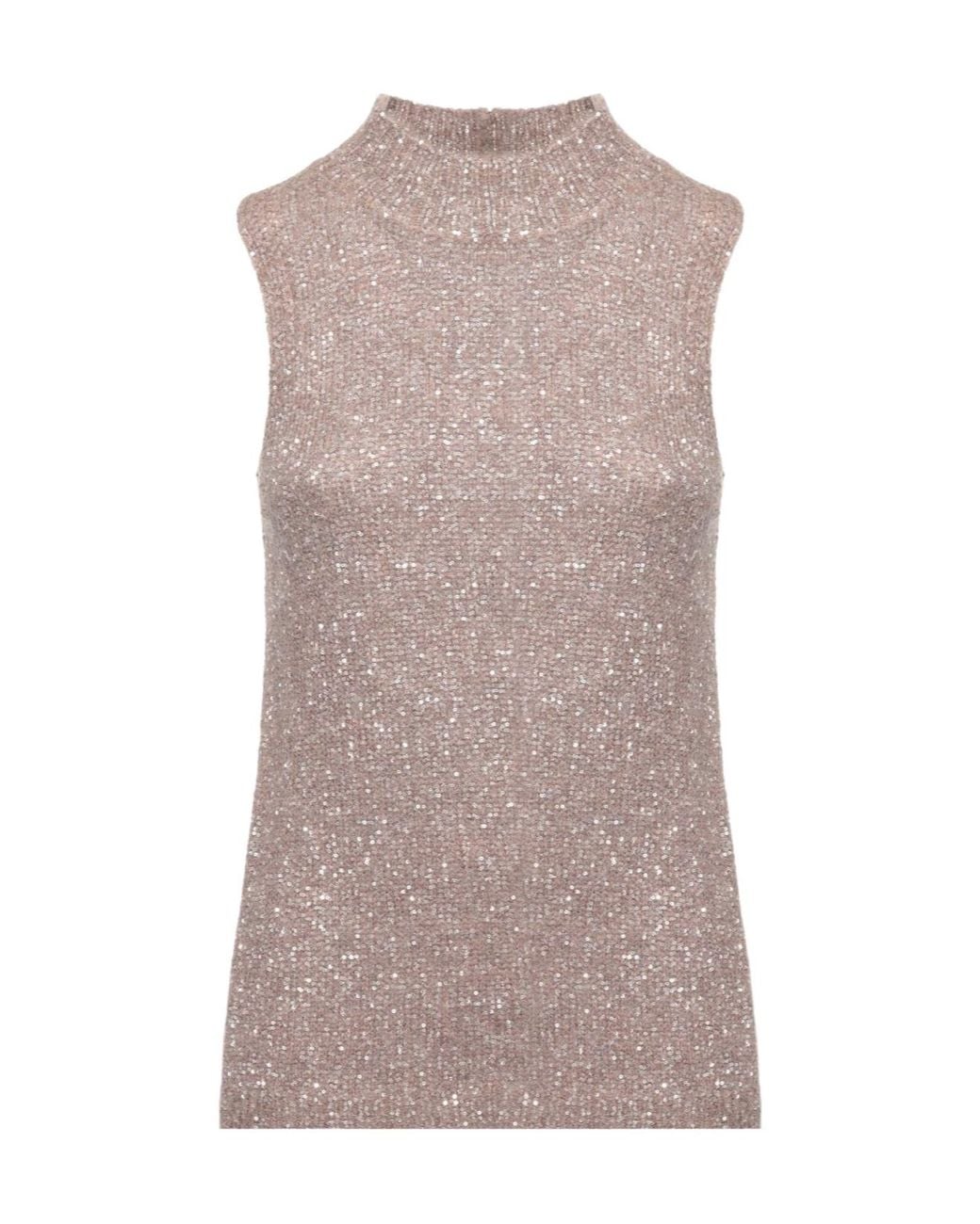 D.exterior Brown Sequined High Neck Knitted Top