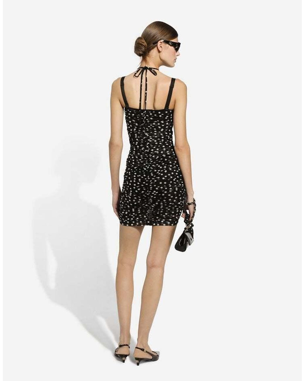 Dolce & Gabbana Black Polka-Dot Printed Draped Mini Tulle Dress