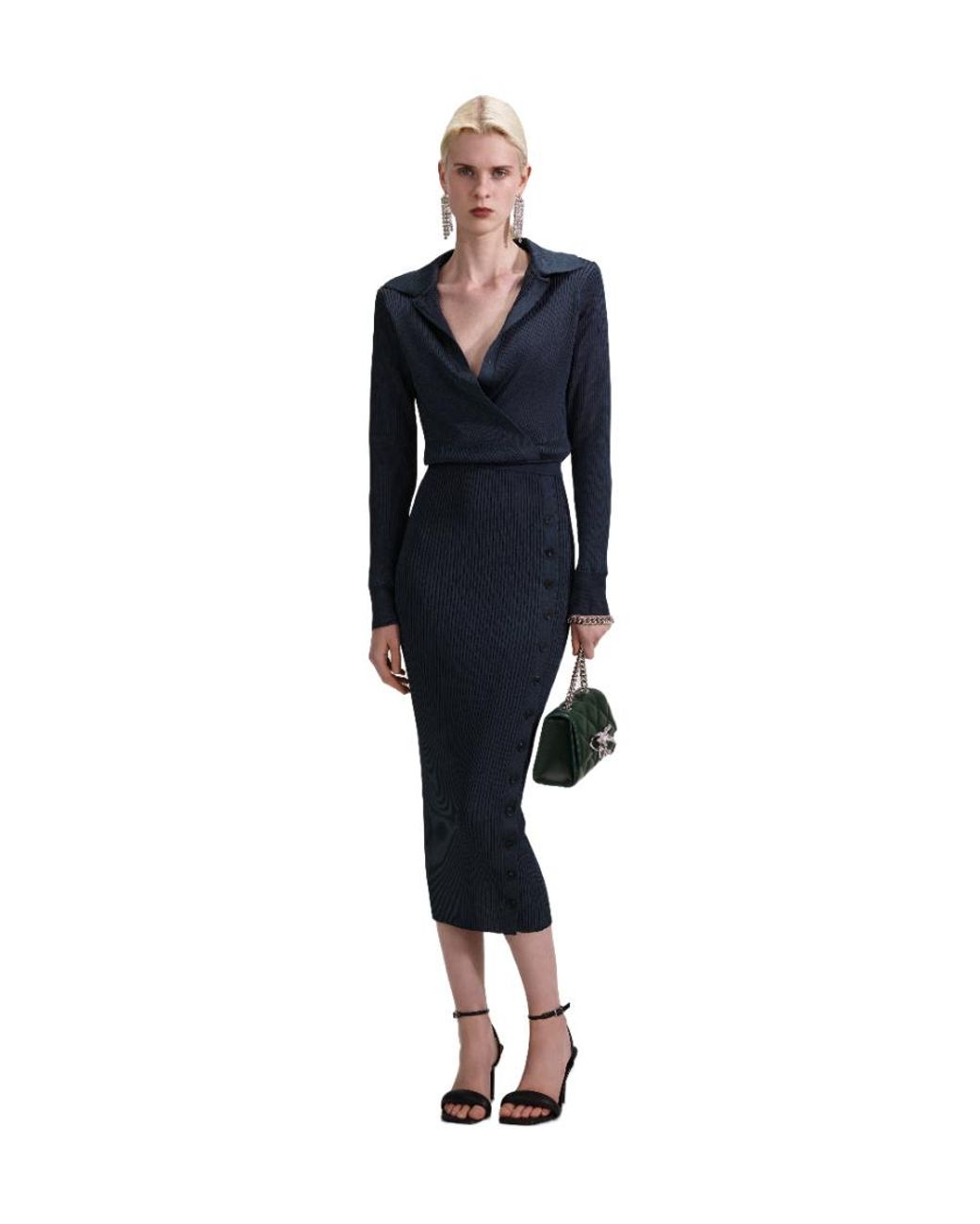 Self-Portrait Blue V-Neck Ribbed-Knit Long Sleeved Midi Dress