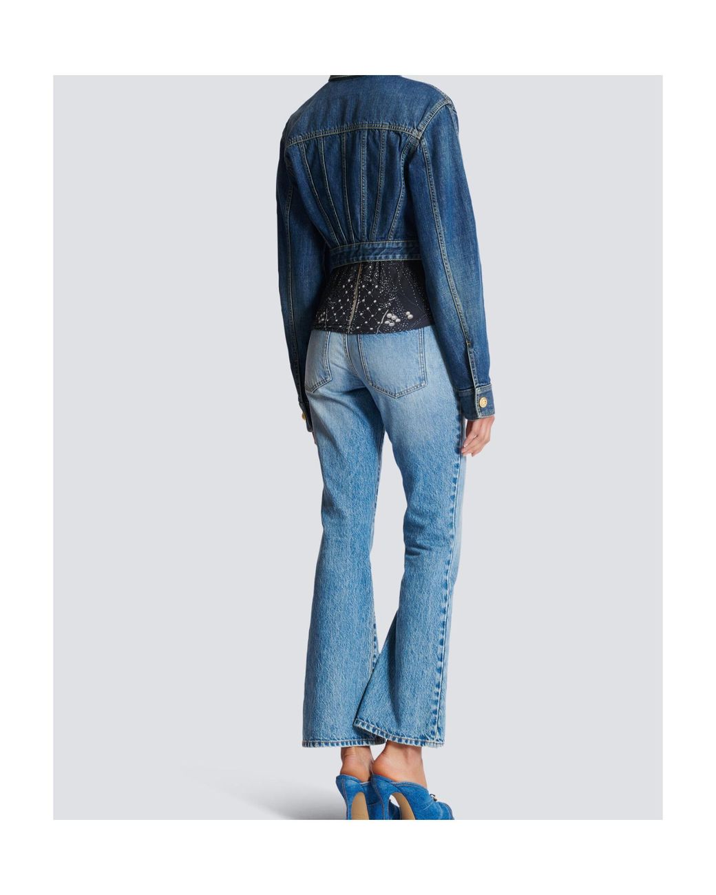Balmain Blue Cropped Faded Denim Jacket