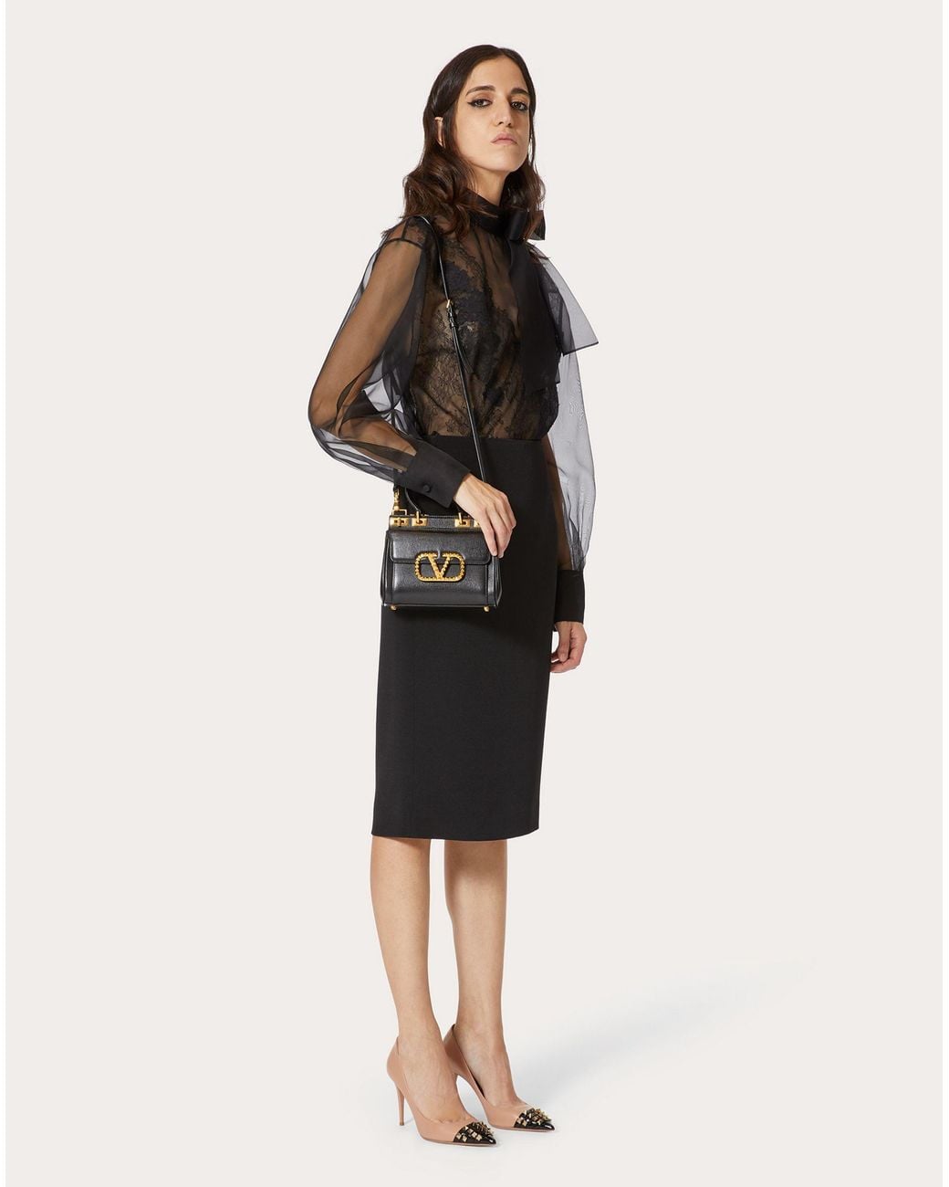 Valentino Gray Lace Long-Sleeved Blouse