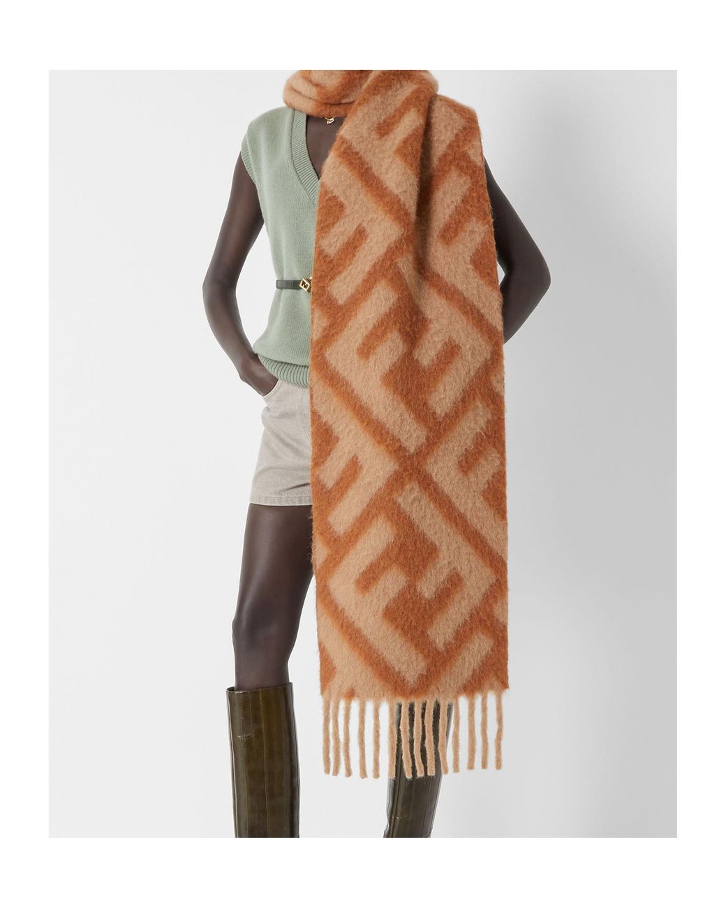 Fendi Brown Ff Jacquard Fringed-Edge Scarf