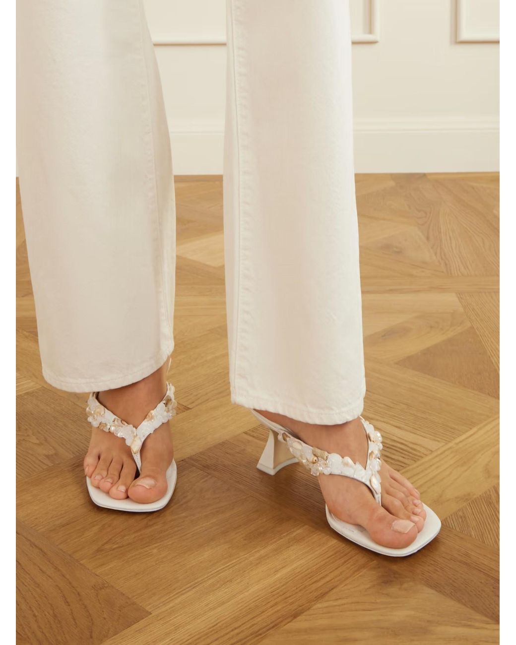 Cult Gaia White Abi Bead-Embellished Leather Thong Sandals