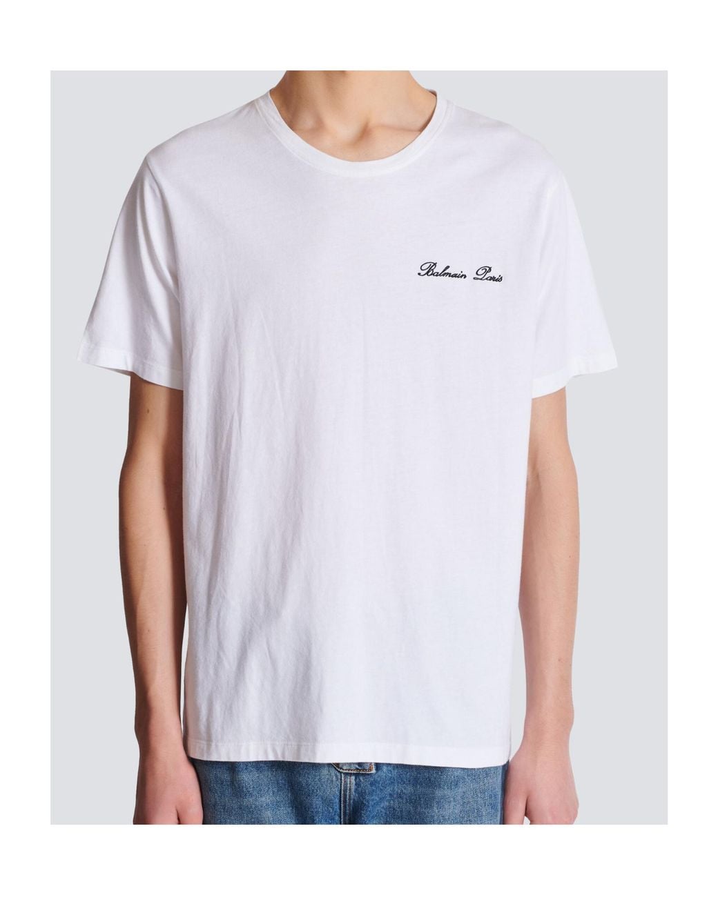Balmain White Logo Embroidered Crewneck T-Shirt for men