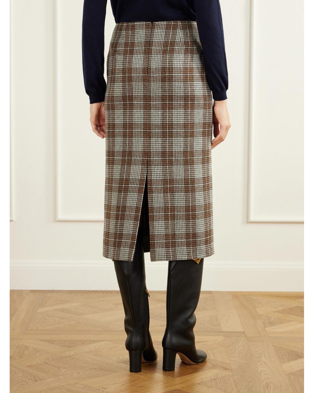 Giuliva Heritage Brown Checked Houndstooth Wool Knee-Length Skirt