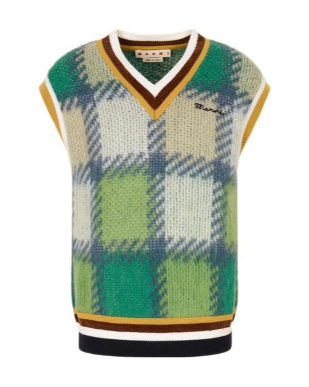 Marni Green Checked Mohair Vest With Striped Trims for men