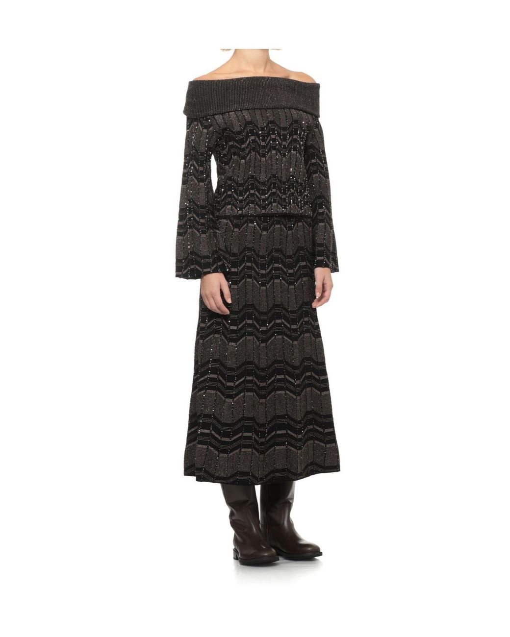 D.exterior Black Sequined Geometric Knitted Sweater
