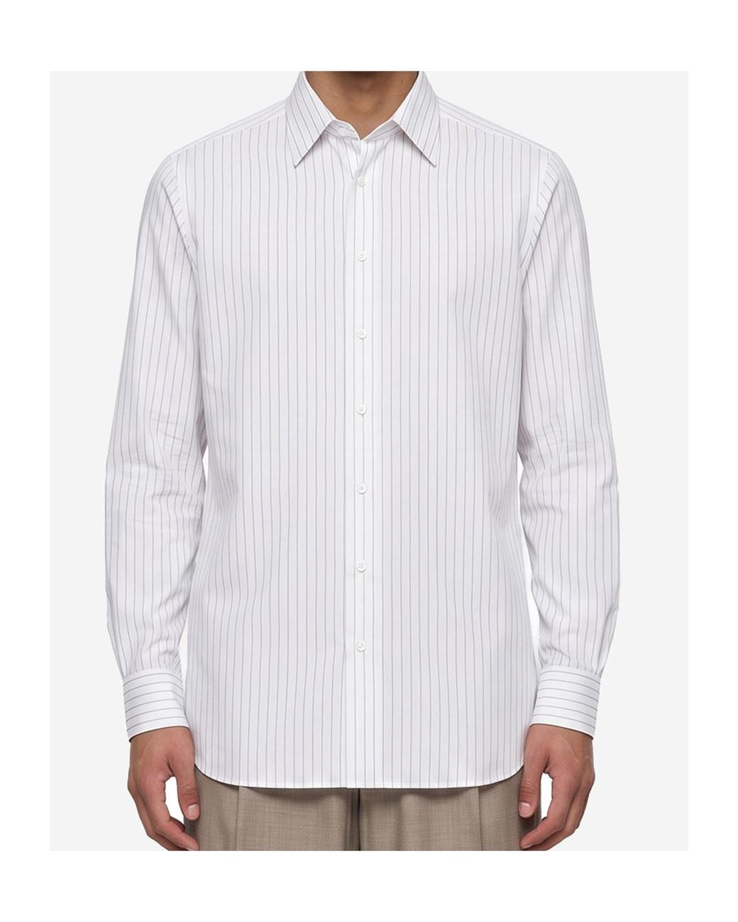 Lardini White Pinstriped Curved Hem Shirt for men