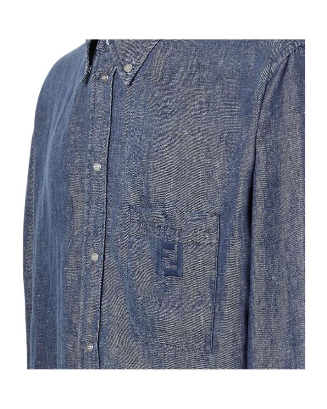 Fendi Blue Ff Embroidered Comfort Fit Shirt for men