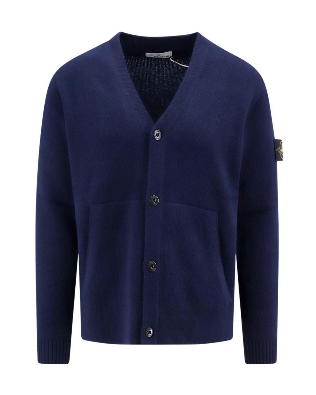Stone Island Blue V-Neck Long-Sleeved Knitted Cardigan for men